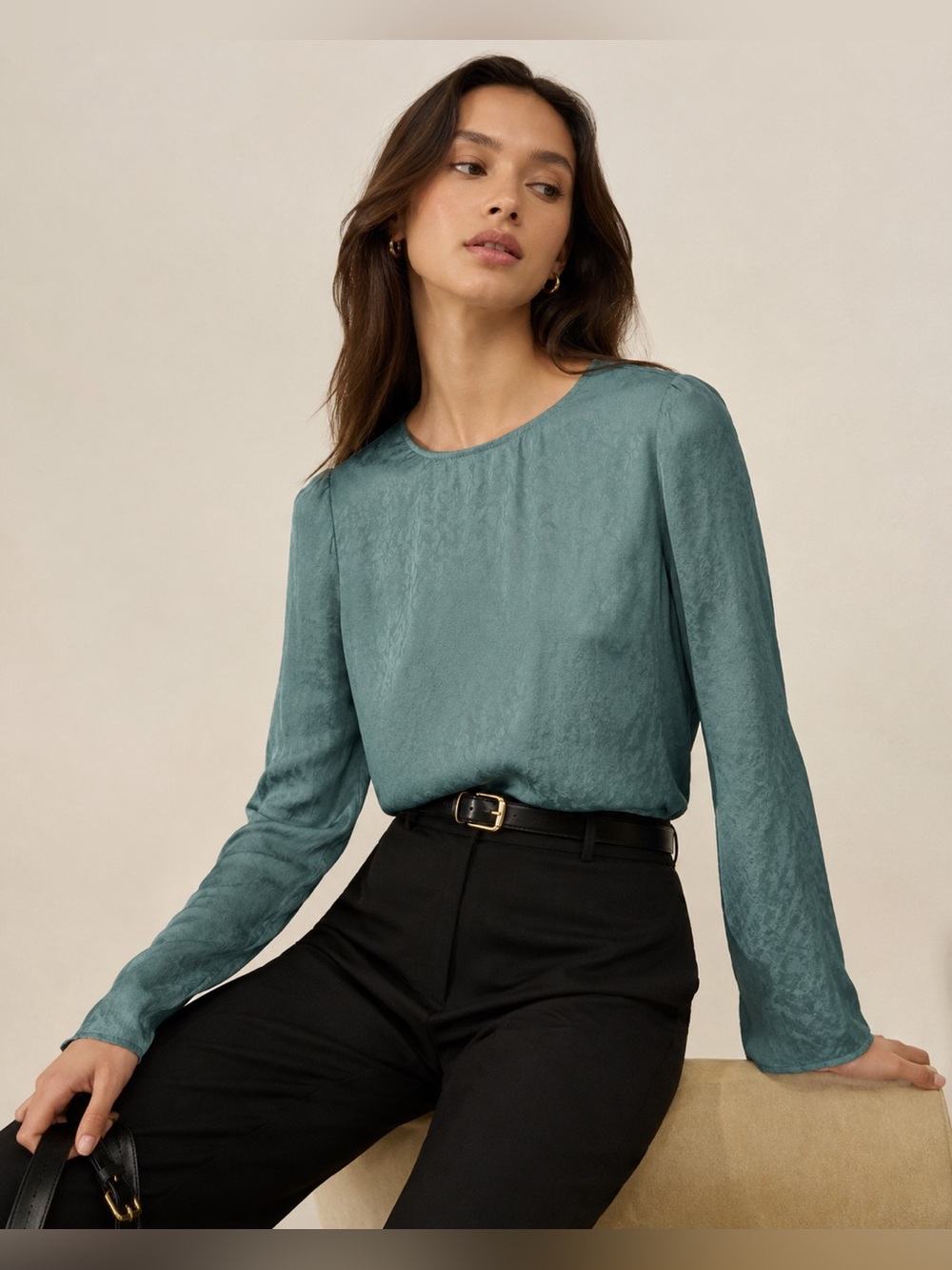 Reformation Long-Sleeve Silk/Satin Crewneck Blouse in Teal
